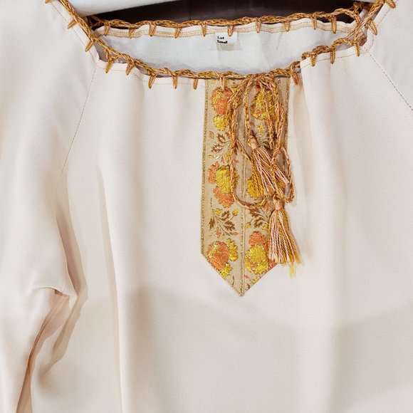 Vintage 1970s Peasant Shirt Gold Trim, Tassel Drawstrings, Small - Picture 4 of 8